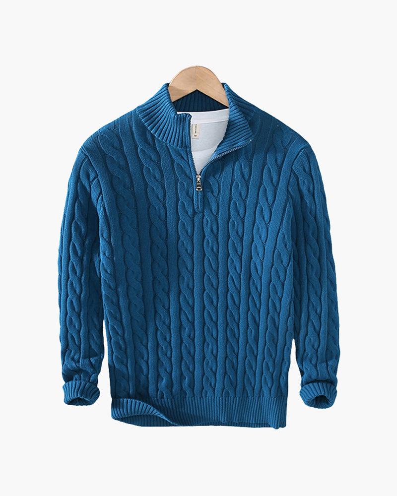 Men’s cotton zip up sweater with high neck and ribbed trims