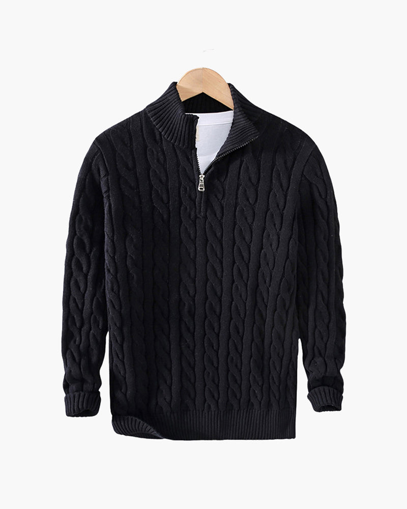 Men’s cotton zip up sweater with high neck and ribbed trims