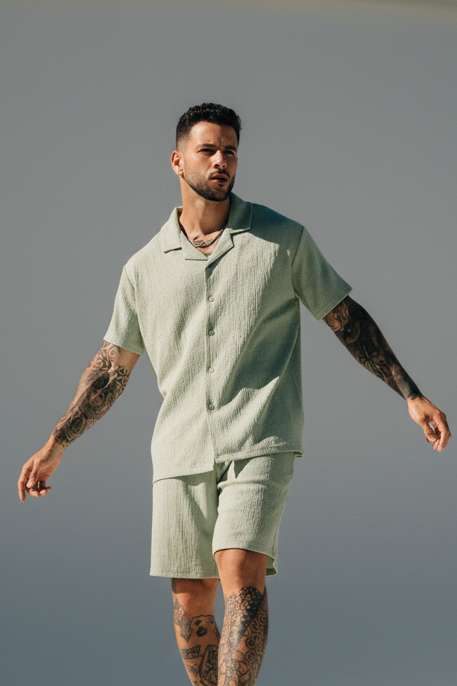 Men’s crinkle two piece set with camp collar shirt and elastic waist shorts or trousers for casual summer wear