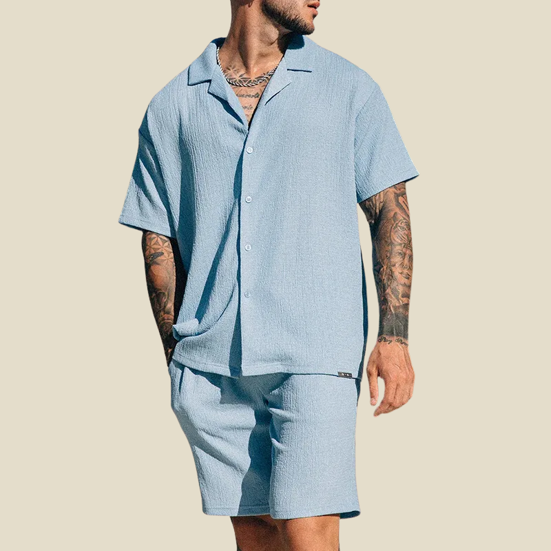 Men’s crinkle two piece set with camp collar shirt and elastic waist shorts or trousers for casual summer wear
