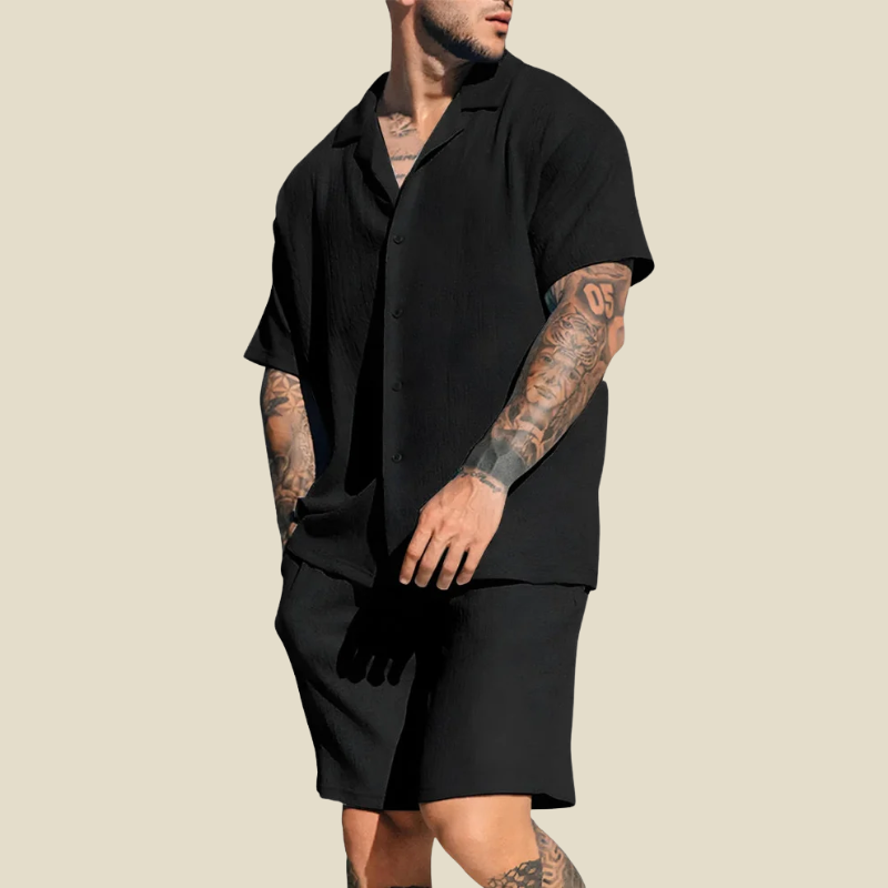Men’s crinkle two piece set with camp collar shirt and elastic waist shorts or trousers for casual summer wear