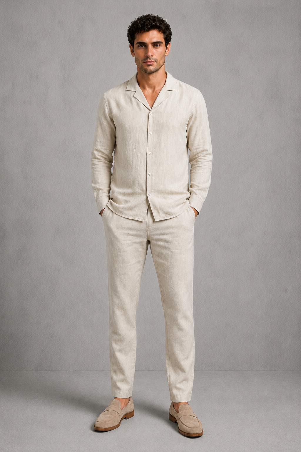 Men’s Cuban collar button-up shirt and drawstring trouser co-ord set in lightweight linen-look fabric