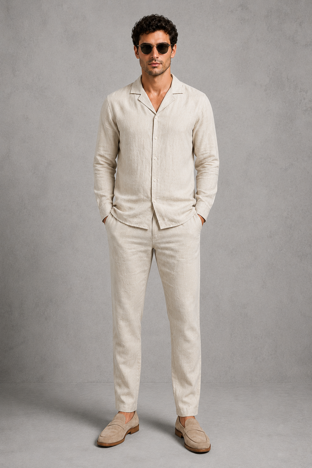 Men’s Cuban collar button-up shirt and drawstring trouser co-ord set in lightweight linen-look fabric