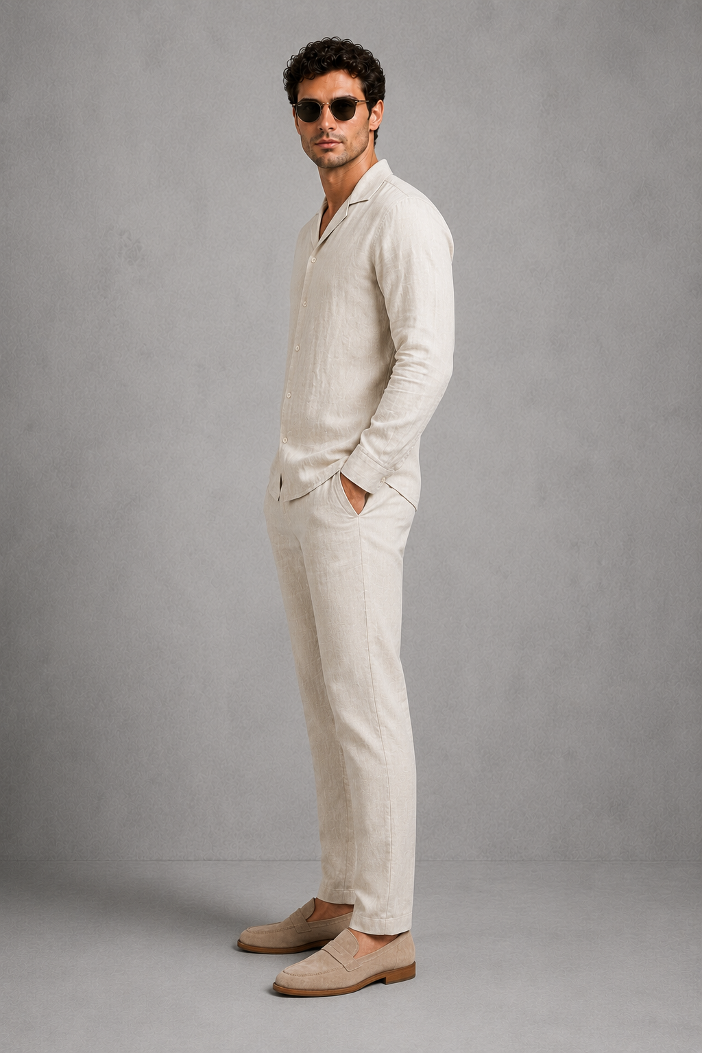 Men’s Cuban collar button-up shirt and drawstring trouser co-ord set in lightweight linen-look fabric