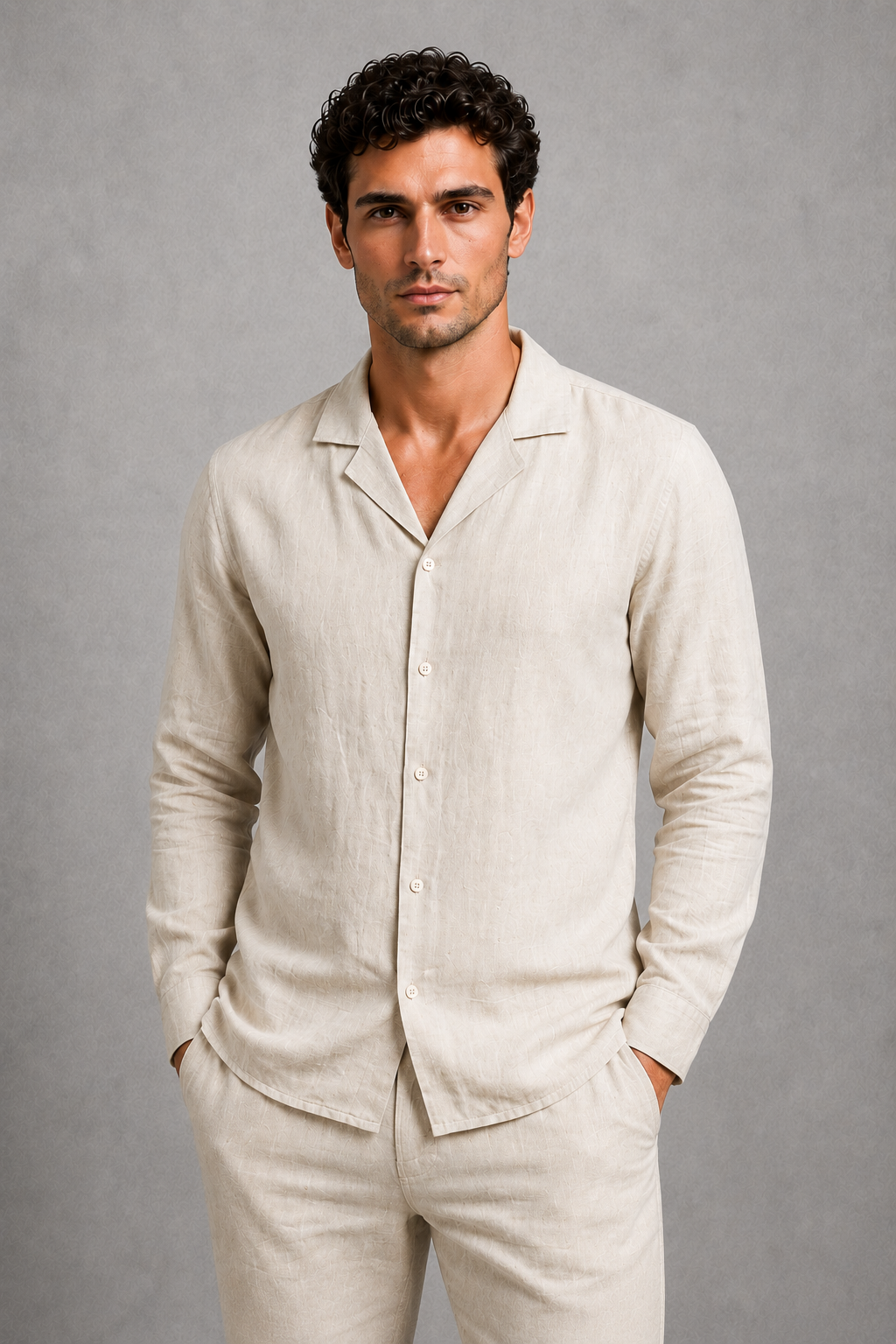 Men’s Cuban collar button-up shirt and drawstring trouser co-ord set in lightweight linen-look fabric