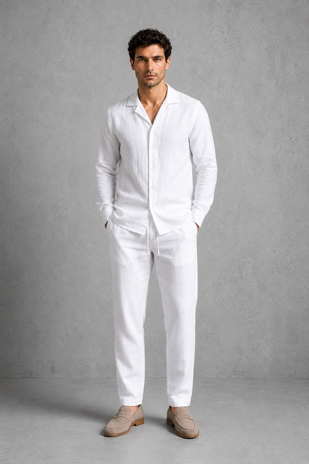 Men’s Cuban collar button-up shirt and drawstring trouser co-ord set in lightweight linen-look fabric