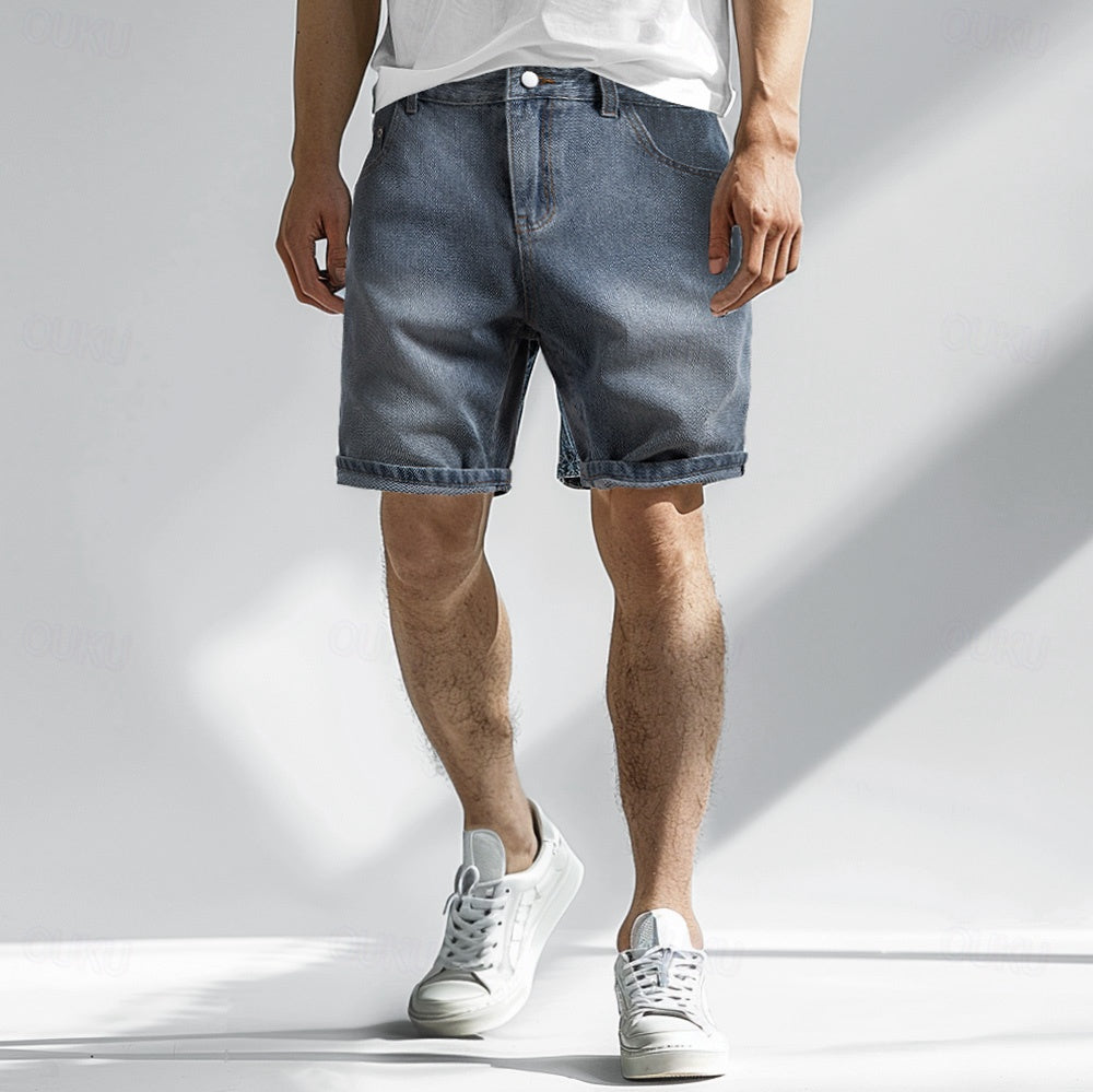 Men’s relaxed fit denim shorts with five pocket design washed finish and rolled cuff for casual summer wear