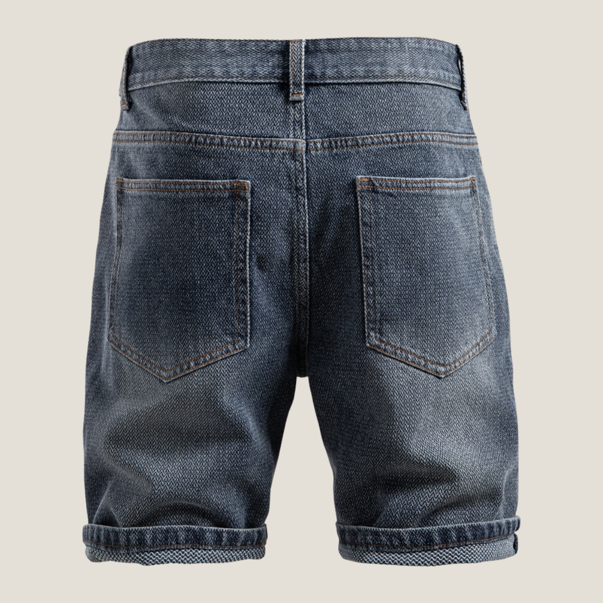 Men’s relaxed fit denim shorts with five pocket design washed finish and rolled cuff for casual summer wear