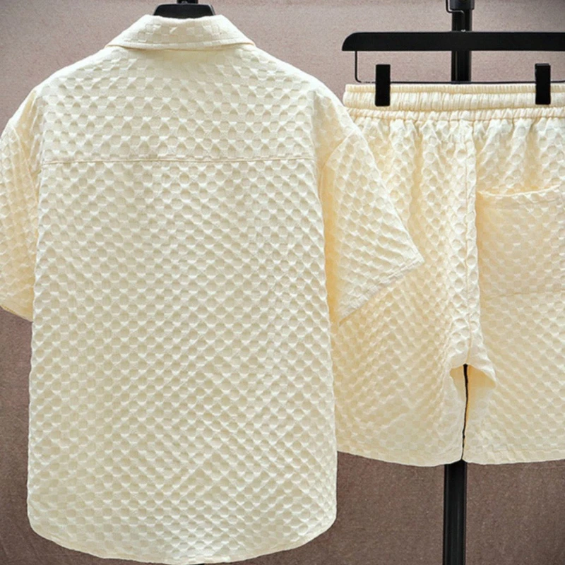 Men’s two piece jacquard texture shirt and shorts set with short sleeve button shirt and elastic drawstring shorts