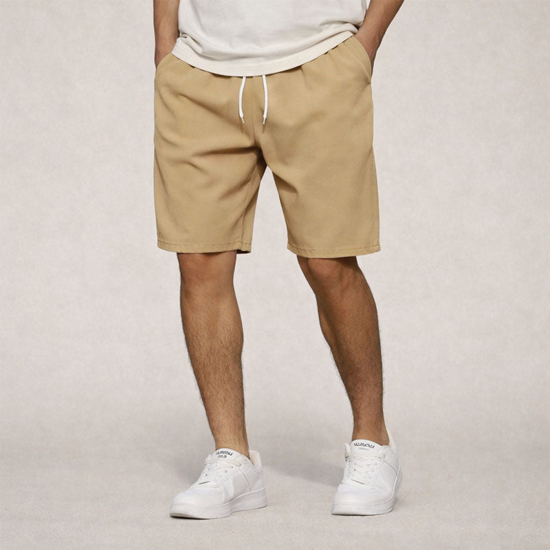 Men’s straight fit elastic waist shorts with drawstring and side pockets for casual summer wear