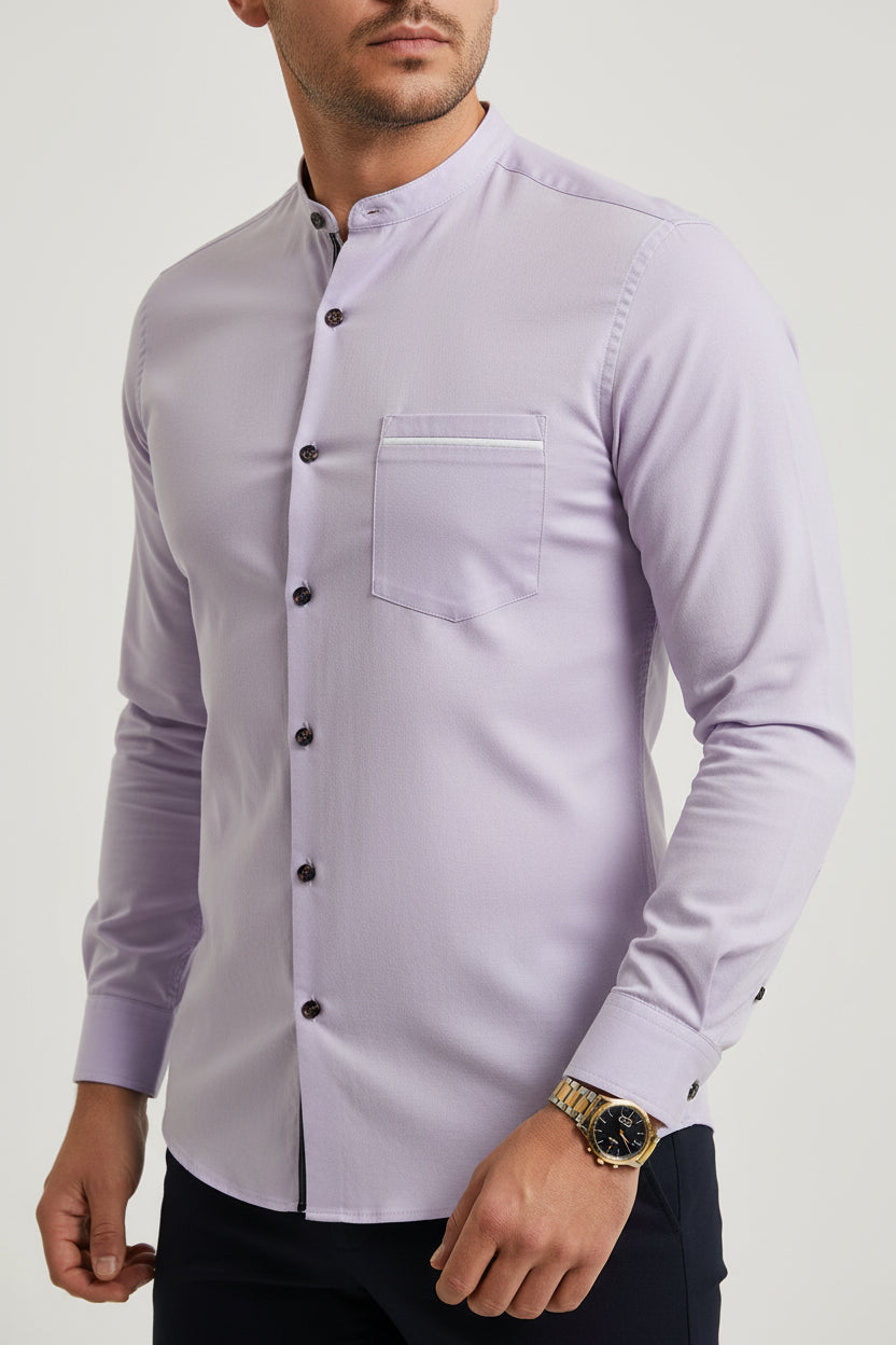 Men’s grandad collar shirt with contrast trim slim fit button front for smart casual and business wear