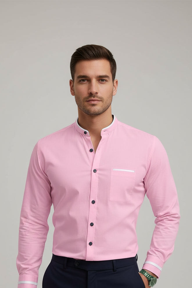 Men’s grandad collar shirt with contrast trim slim fit button front for smart casual and business wear