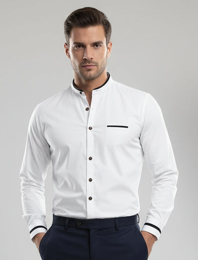 Men’s grandad collar shirt with contrast trim slim fit button front for smart casual and business wear