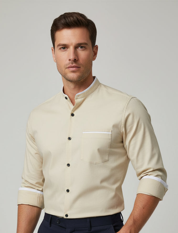 Men’s grandad collar shirt with contrast trim slim fit button front for smart casual and business wear