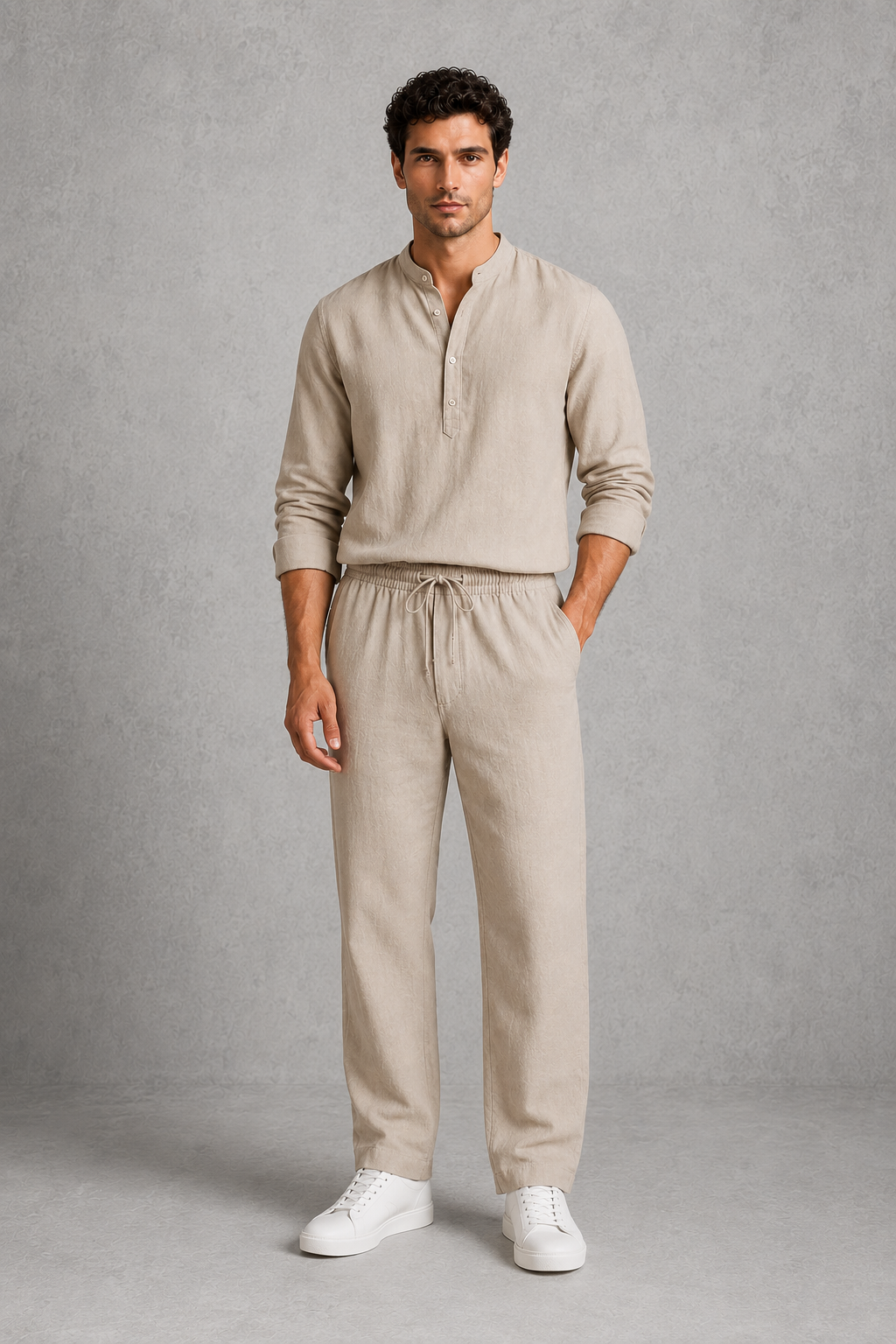Men’s grandad collar long sleeve shirt and drawstring trouser co-ord set for casual summer wear