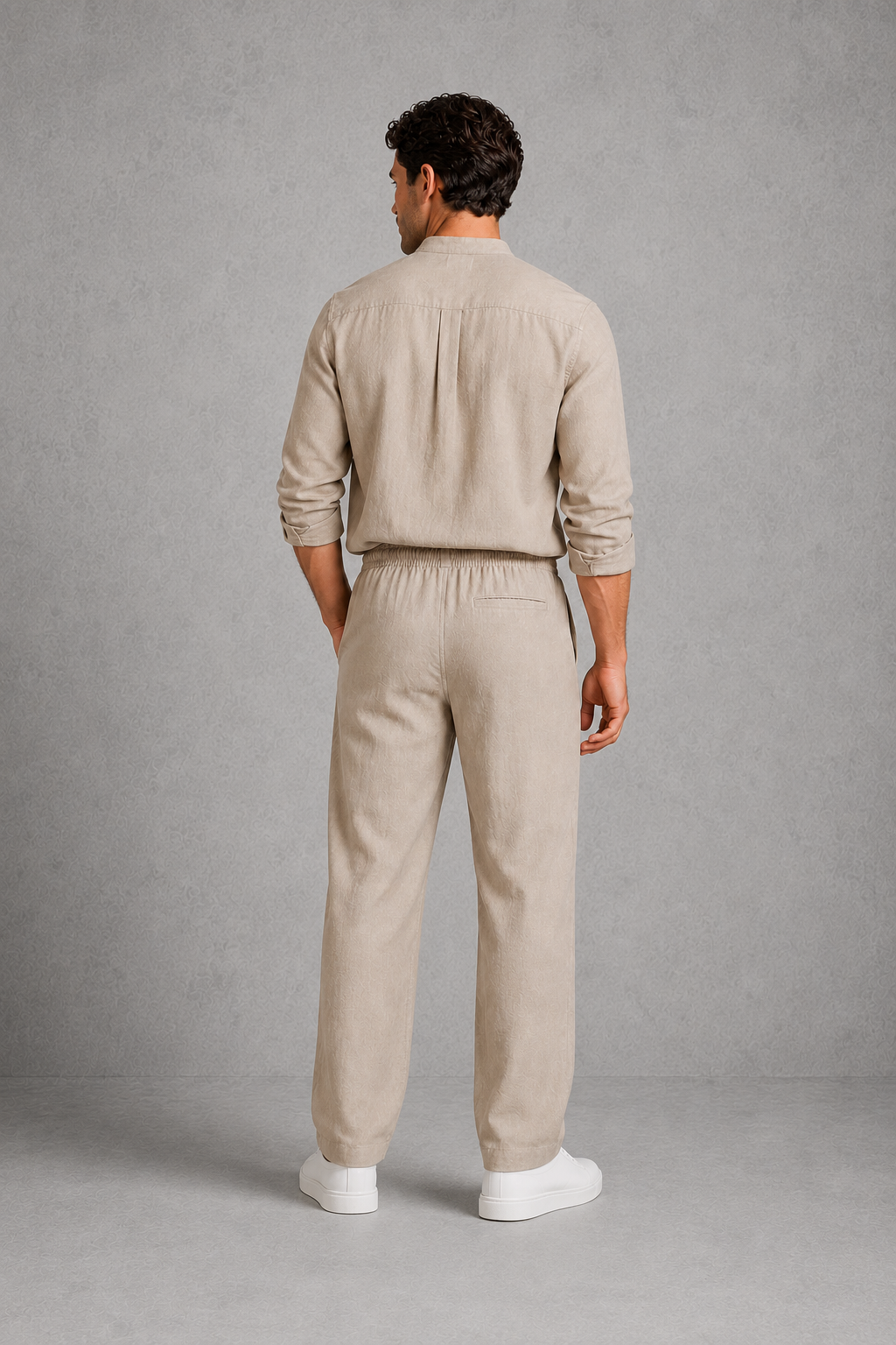 Men’s grandad collar long sleeve shirt and drawstring trouser co-ord set for casual summer wear