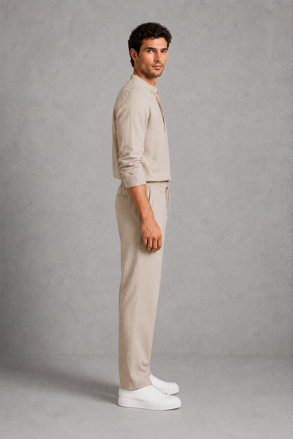 Men’s grandad collar long sleeve shirt and drawstring trouser co-ord set for casual summer wear