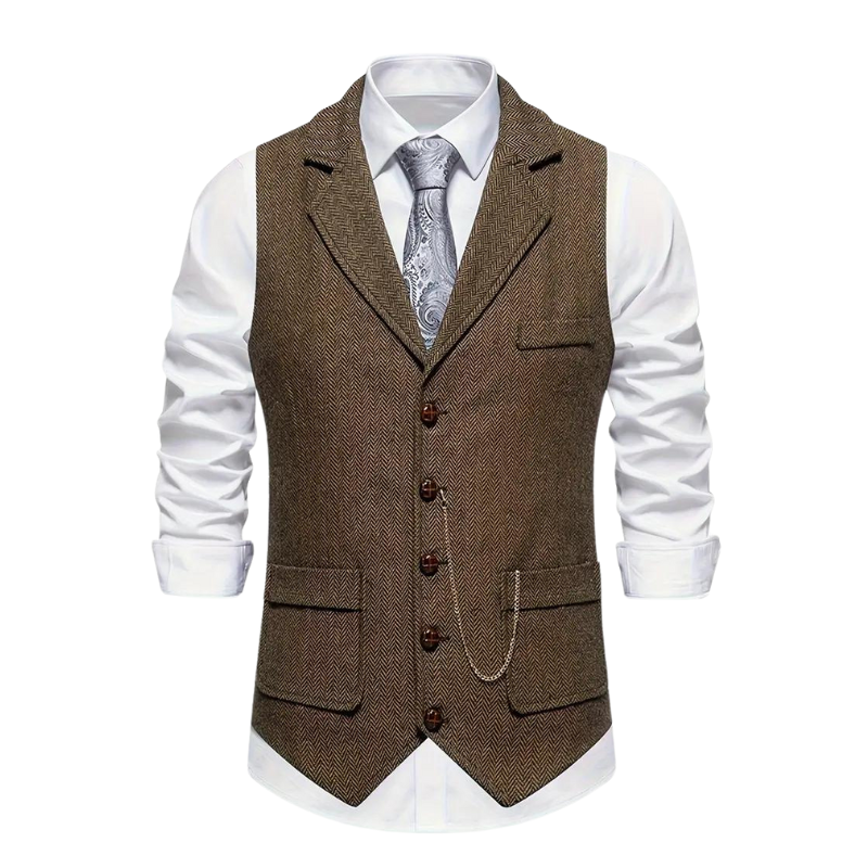 Men’s Herringbone Waistcoat with Lapel and Chain Detail