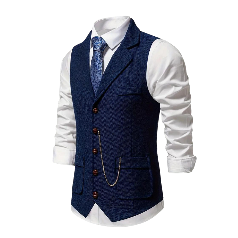 Men’s Herringbone Waistcoat with Lapel and Chain Detail