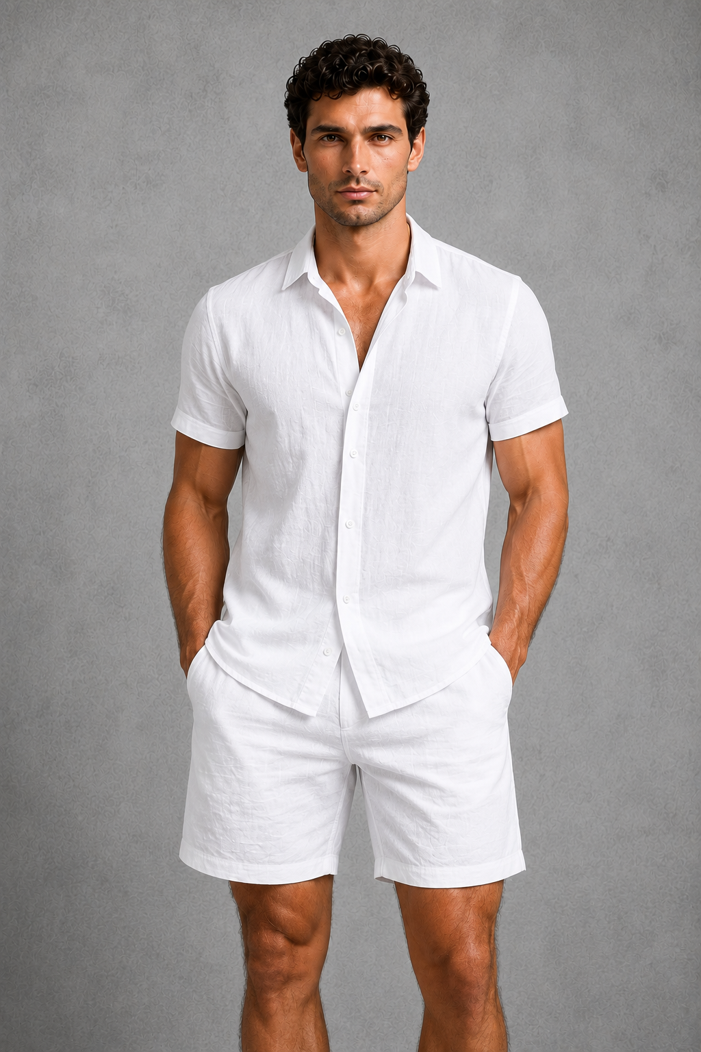 Men’s linen blend short sleeve button-up shirt and tailored shorts co-ord set for casual summer wear