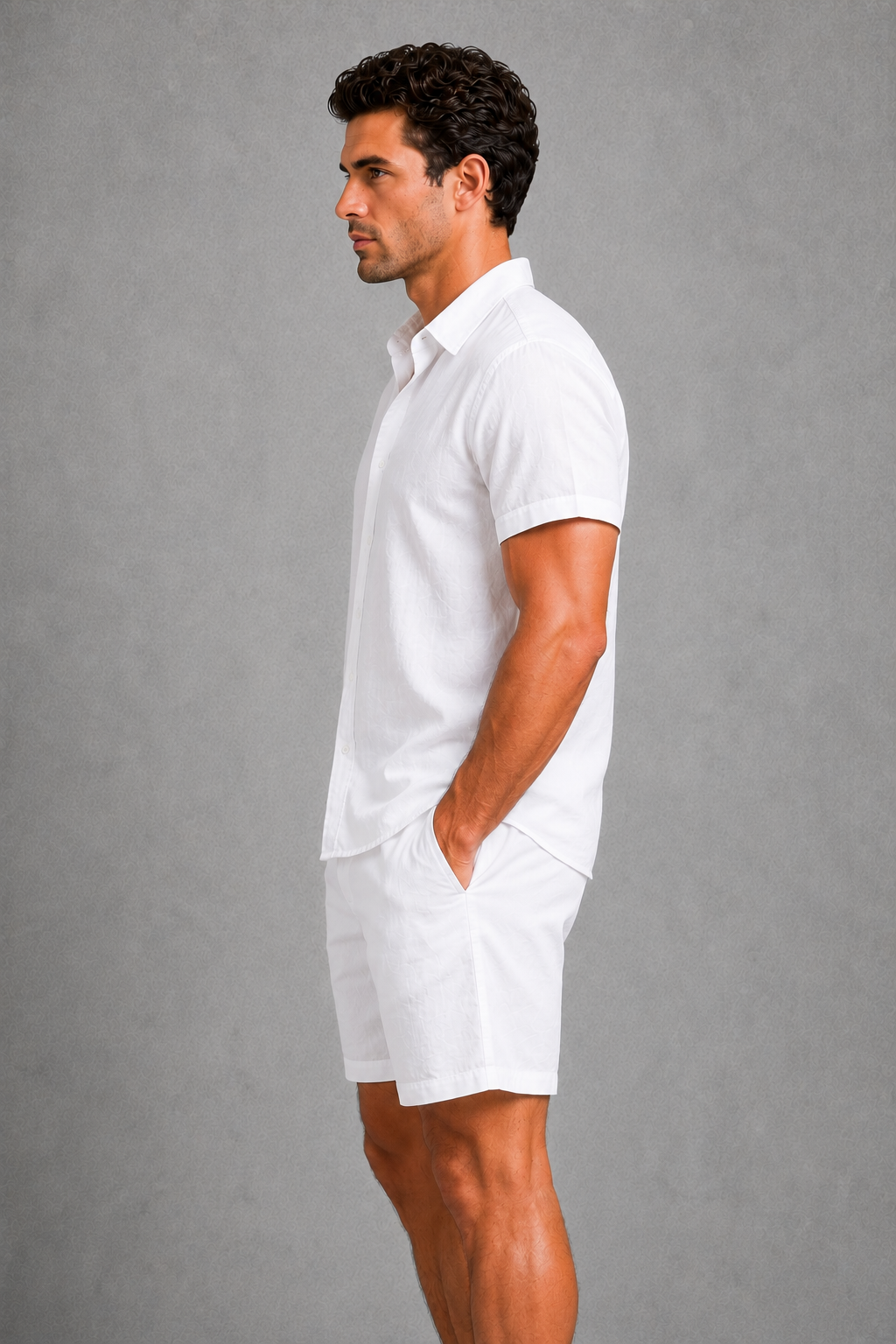 Men’s linen blend short sleeve button-up shirt and tailored shorts co-ord set for casual summer wear