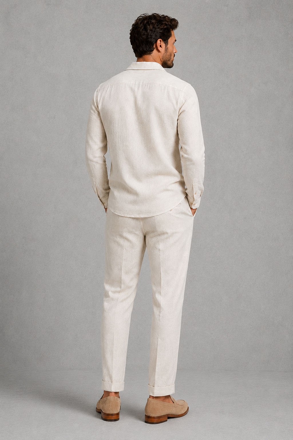 Men’s linen-style co-ord set featuring an open-collar button-up shirt and matching straight-leg trousers for casual summer wear.