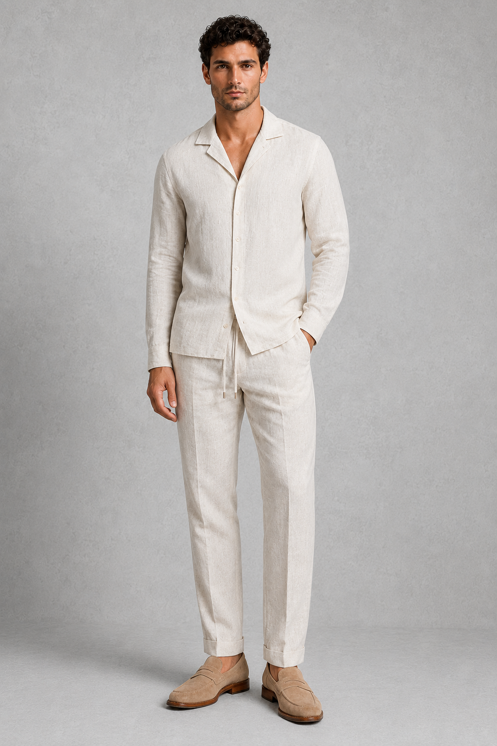 Men’s linen-style co-ord set featuring an open-collar button-up shirt and matching straight-leg trousers for casual summer wear.