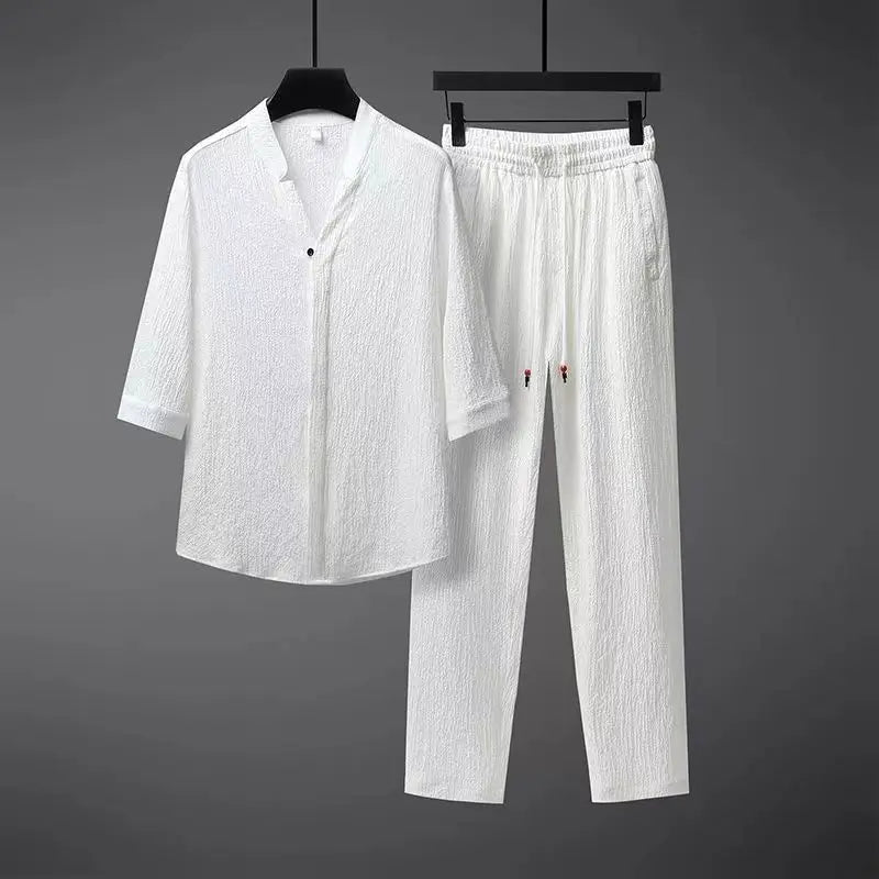 Men’s linen two piece set with V-notch collar shirt and elastic waist trousers for relaxed summer wear