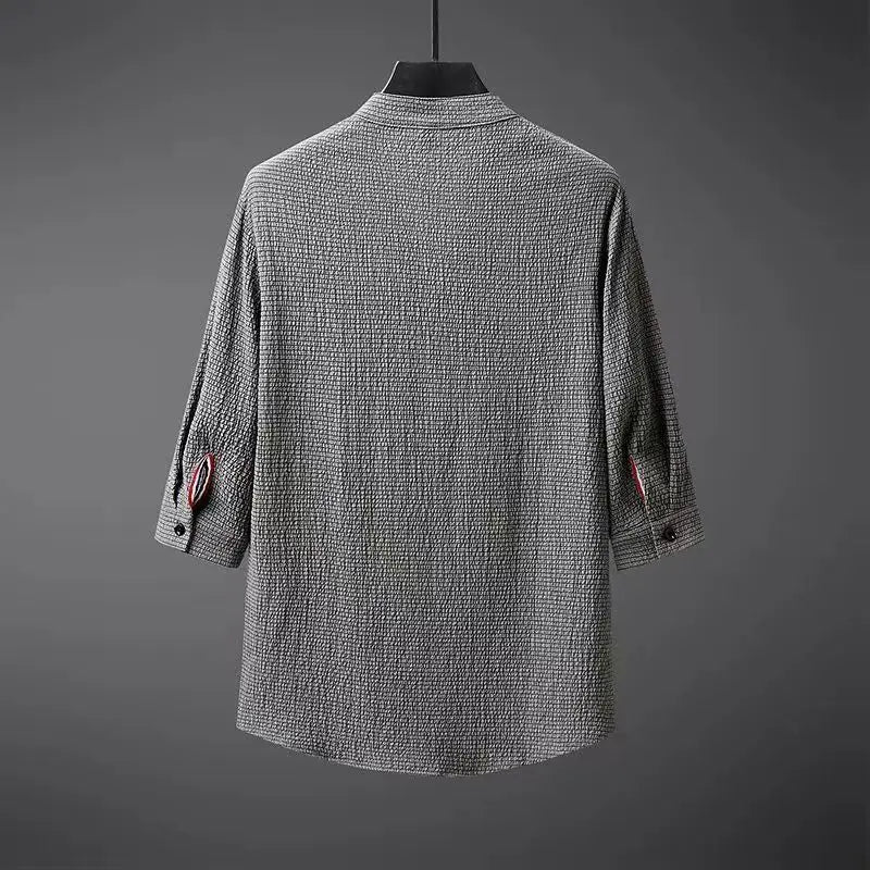 Men’s linen two piece set with V-notch collar shirt and elastic waist trousers for relaxed summer wear
