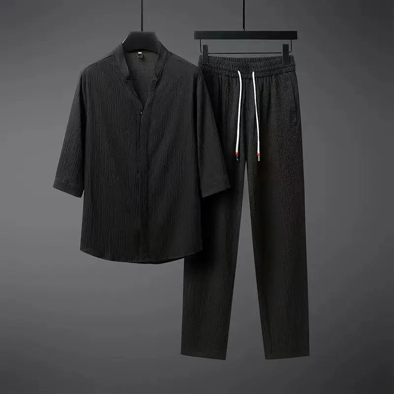 Men’s linen two piece set with V-notch collar shirt and elastic waist trousers for relaxed summer wear
