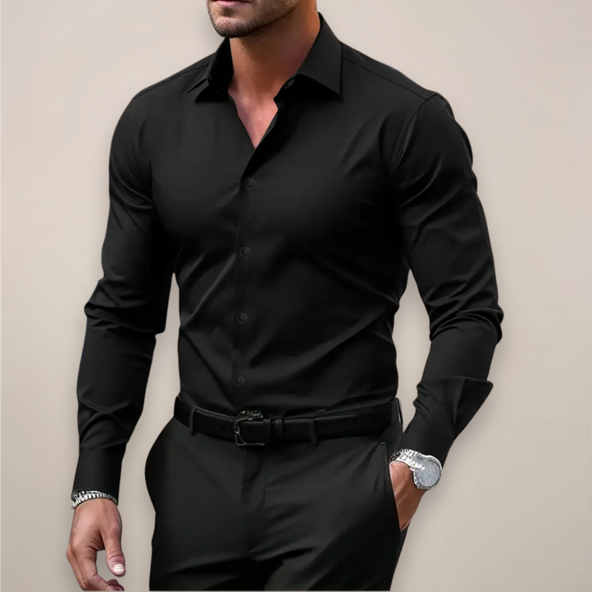 Men's long-sleeve shirt with notched collar and button placket