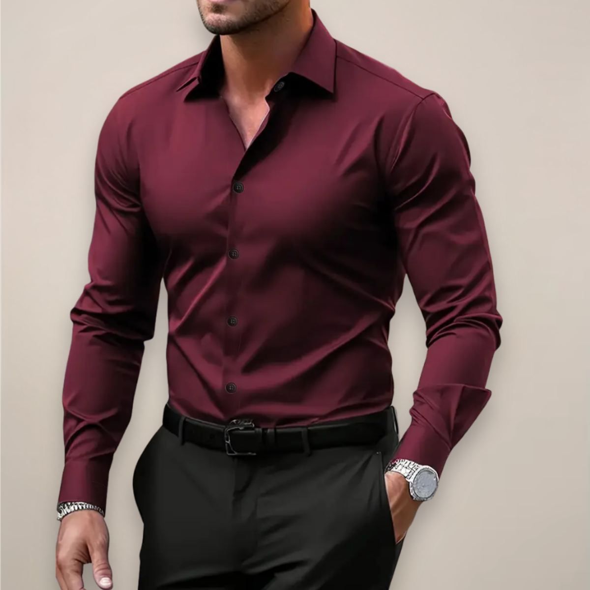 Men's long-sleeve shirt with notched collar and button placket