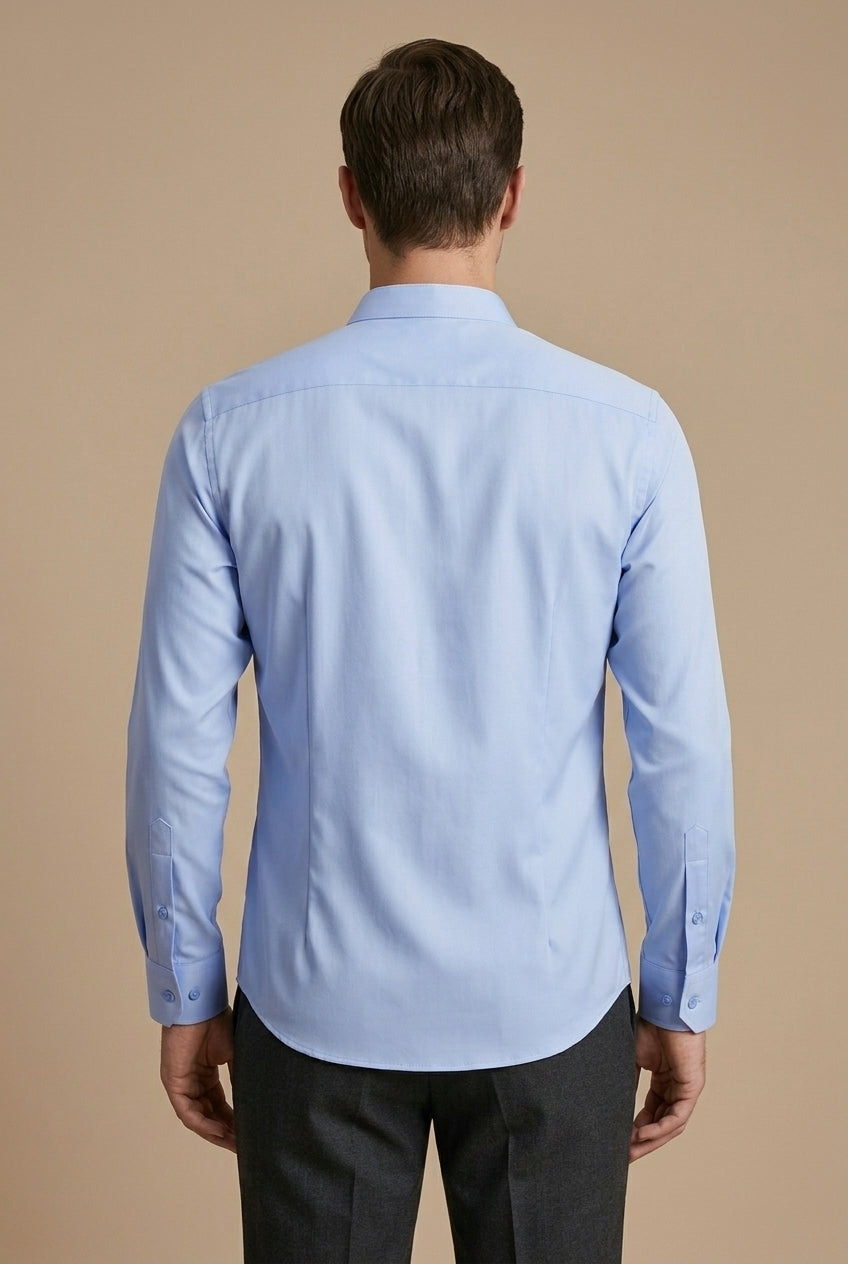 Men’s mandarin collar shirt with hidden placket slim fit and curved hem for smart casual and formal wear