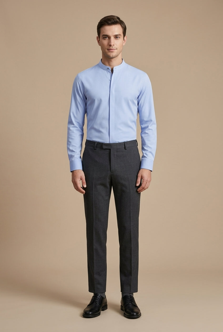 Men’s mandarin collar shirt with hidden placket slim fit and curved hem for smart casual and formal wear