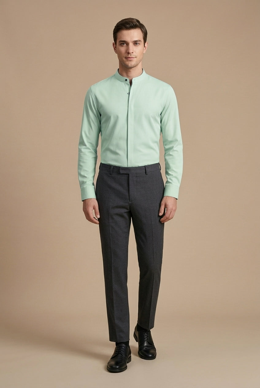 Men’s mandarin collar shirt with hidden placket slim fit and curved hem for smart casual and formal wear