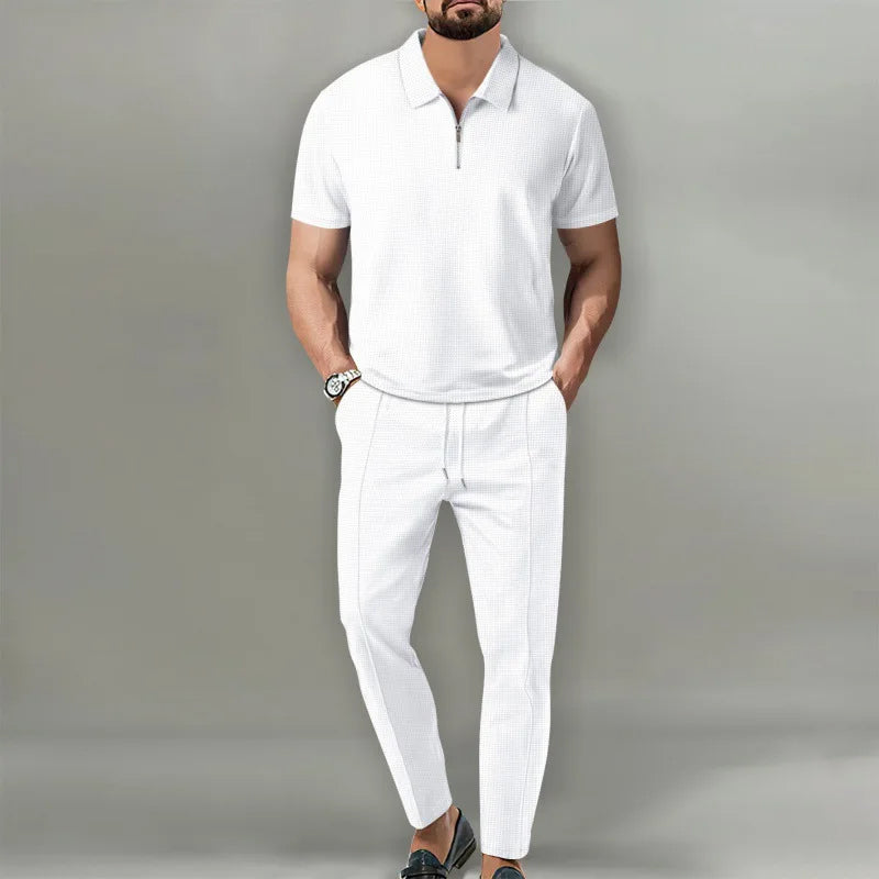 Men’s polyester knit short sleeve shirt and pants set with zipper collar