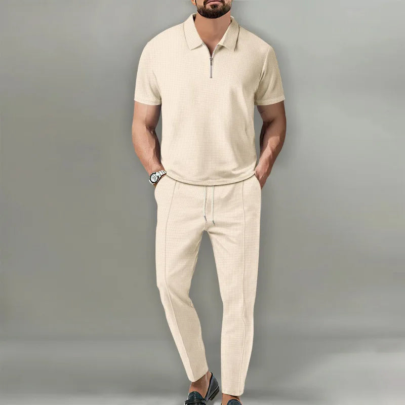 Men’s polyester knit short sleeve shirt and pants set with zipper collar