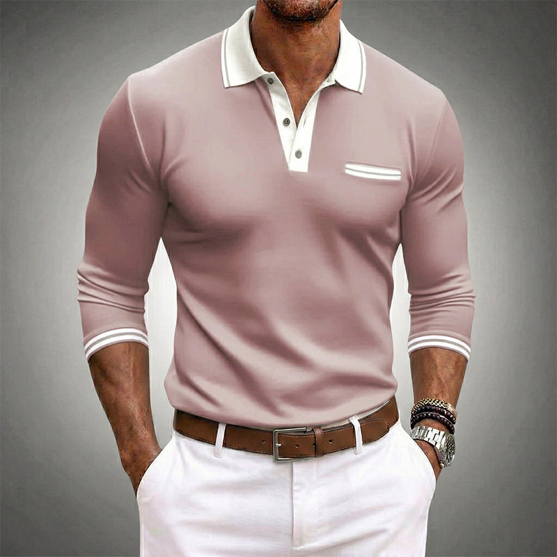 Men’s long sleeve polyester shirt with contrast collar, cuffs, and pocket