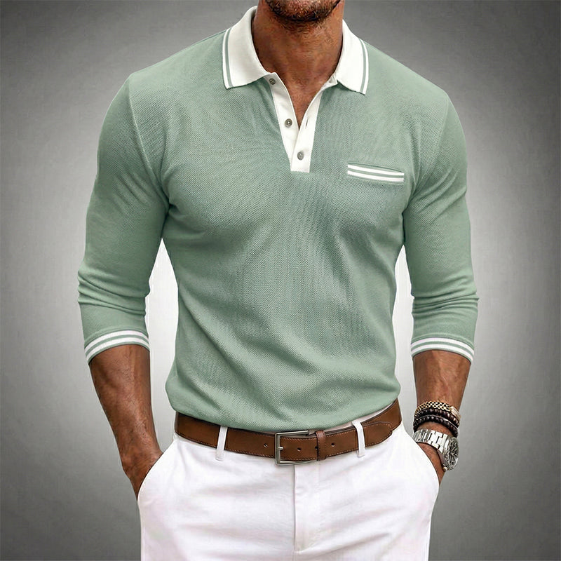 Men’s long sleeve polyester shirt with contrast collar, cuffs, and pocket