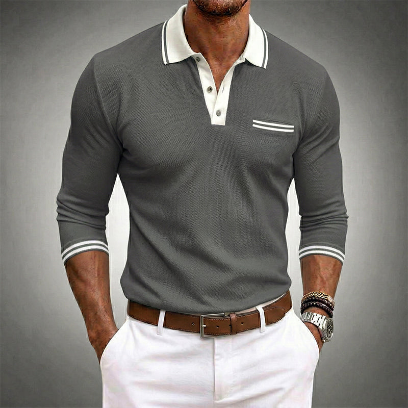 Men’s long sleeve polyester shirt with contrast collar, cuffs, and pocket