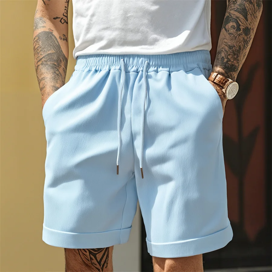Men’s relaxed elastic waist shorts with drawstring metal tips turn up hem and side pockets for casual summer wear