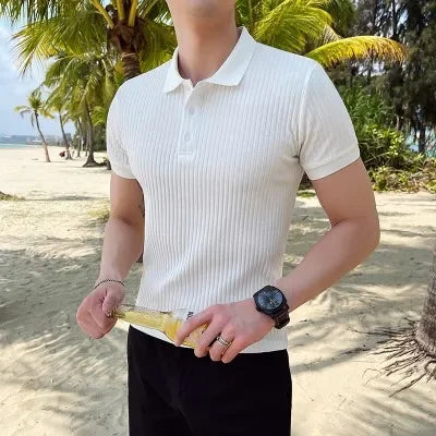 Men slim fit ribbed knit polo shirt with short sleeves and button placket for casual smart wear