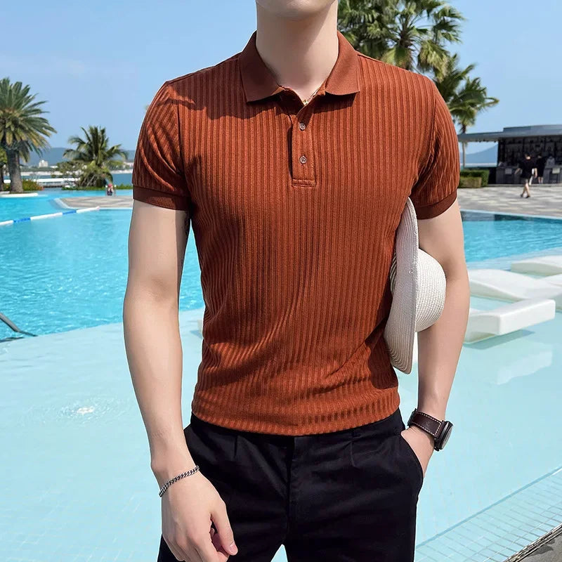 Men slim fit ribbed knit polo shirt with short sleeves and button placket for casual smart wear