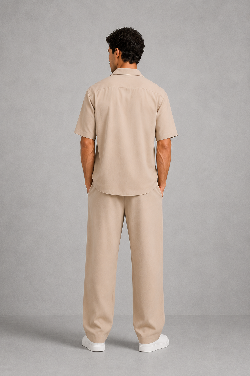 Men’s short sleeve shirt and drawstring trouser co-ord set with a relaxed fit and lightweight breathable fabric for summer casual wear.