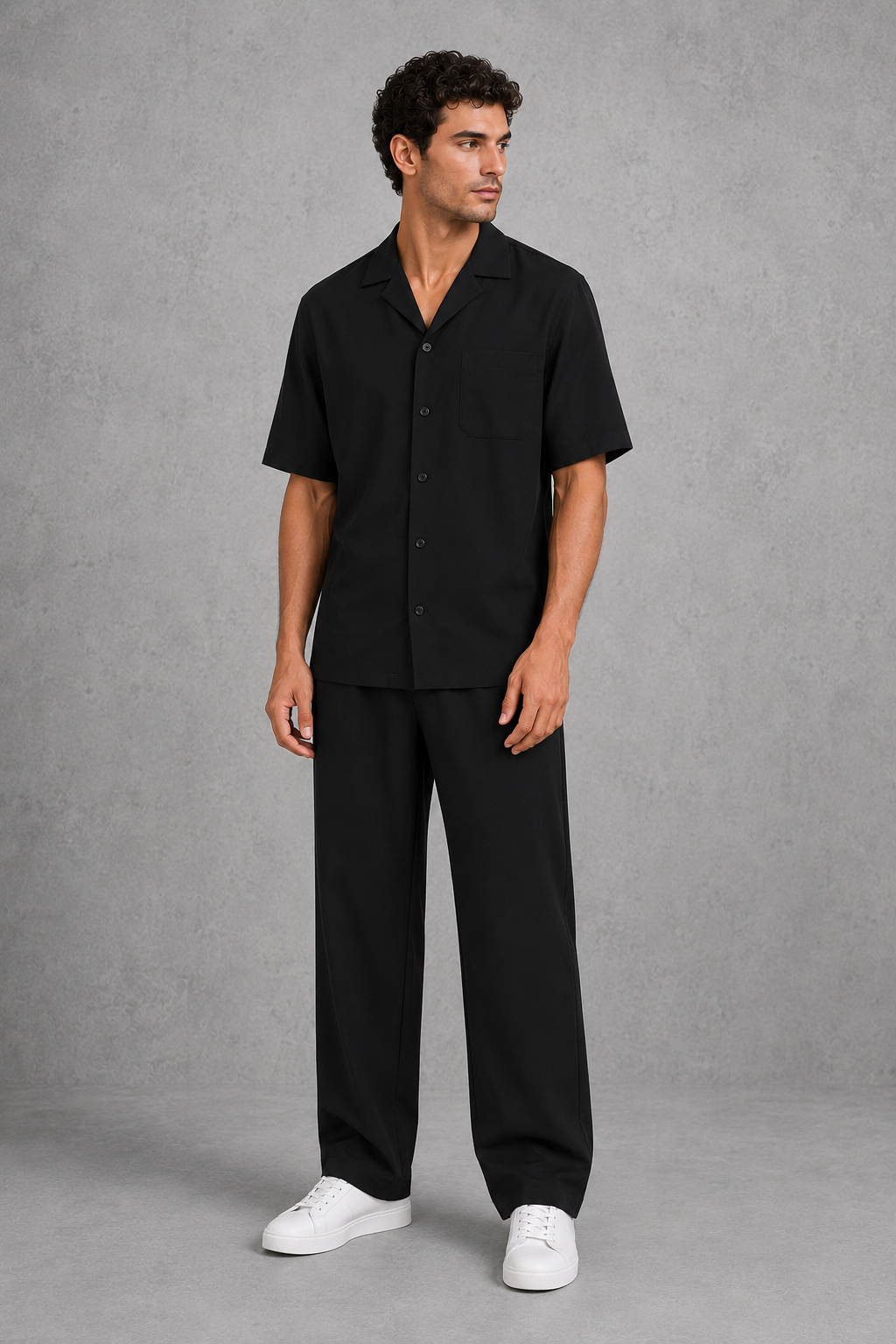 Men’s short sleeve shirt and drawstring trouser co-ord set with a relaxed fit and lightweight breathable fabric for summer casual wear.