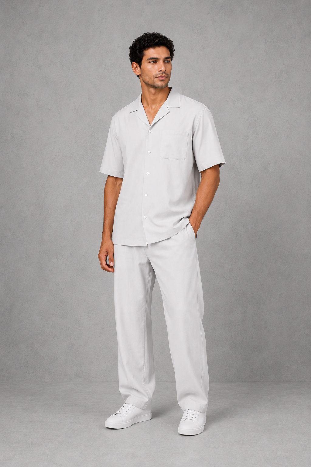 Men’s short sleeve shirt and drawstring trouser co-ord set with a relaxed fit and lightweight breathable fabric for summer casual wear.