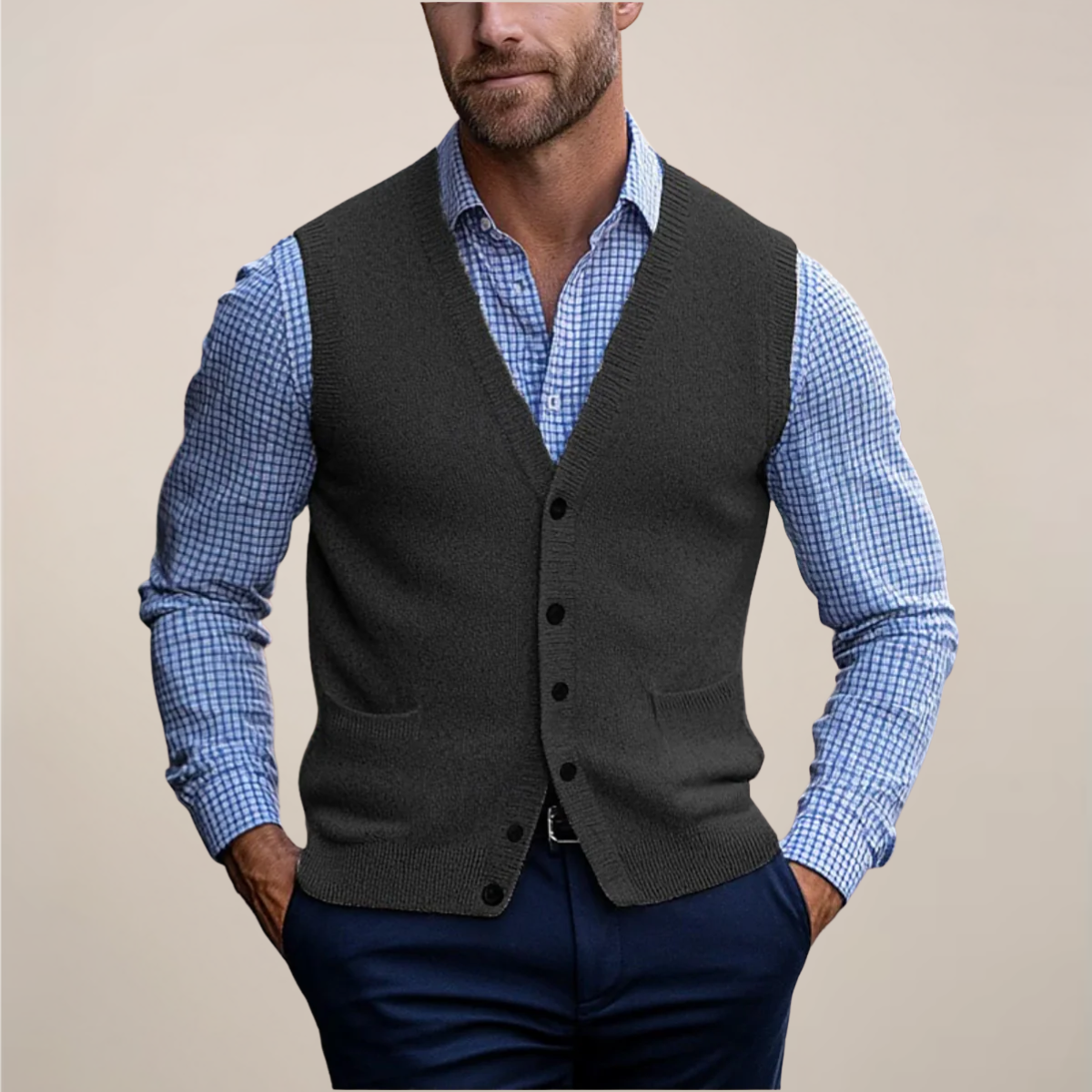 Men's sleeveless vest sweater with ribbed texture detailing