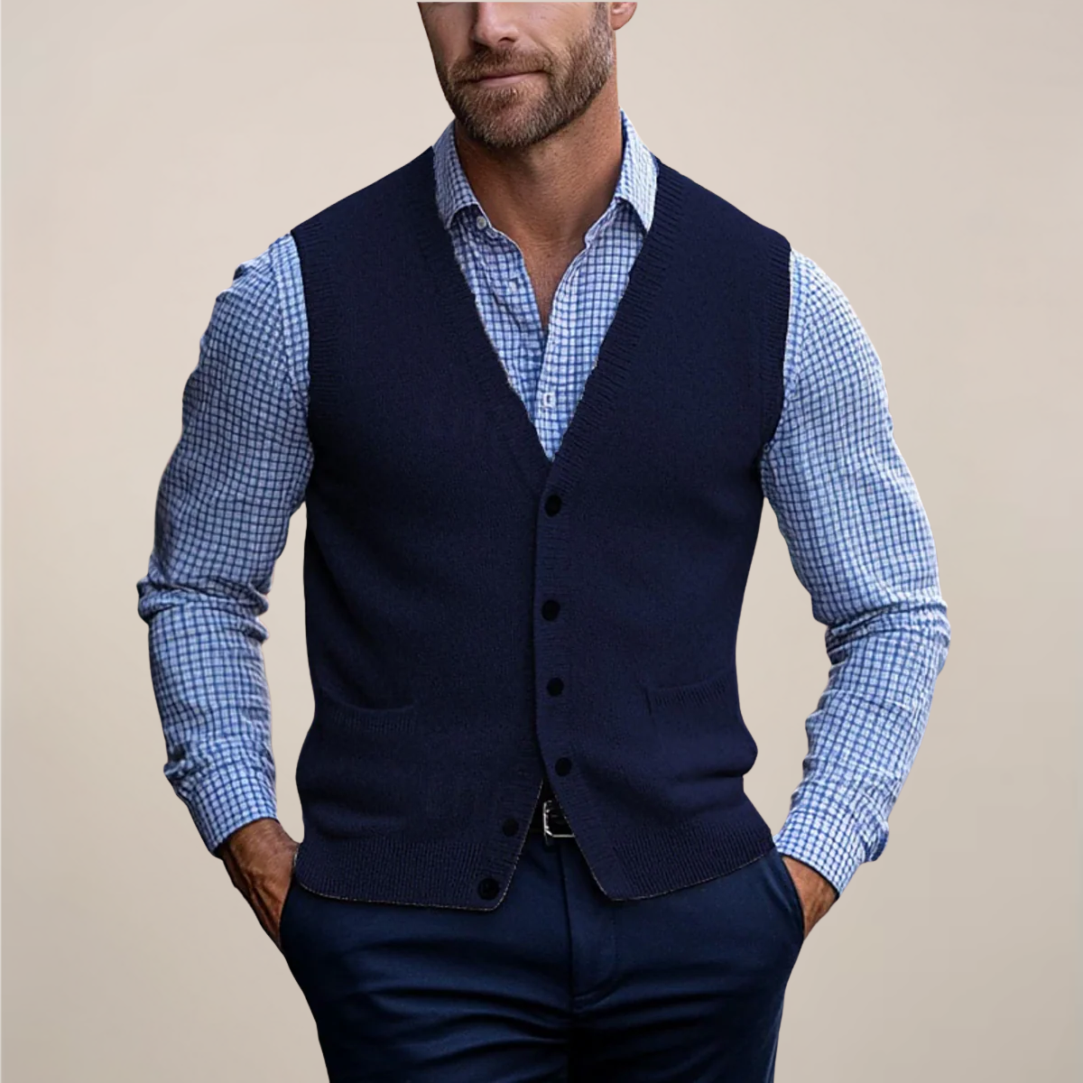 Men's sleeveless vest sweater with ribbed texture detailing