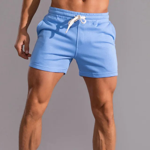 Men’s slim fit elastic waist shorts with contrast drawstring and side pockets for casual sport and summer wear