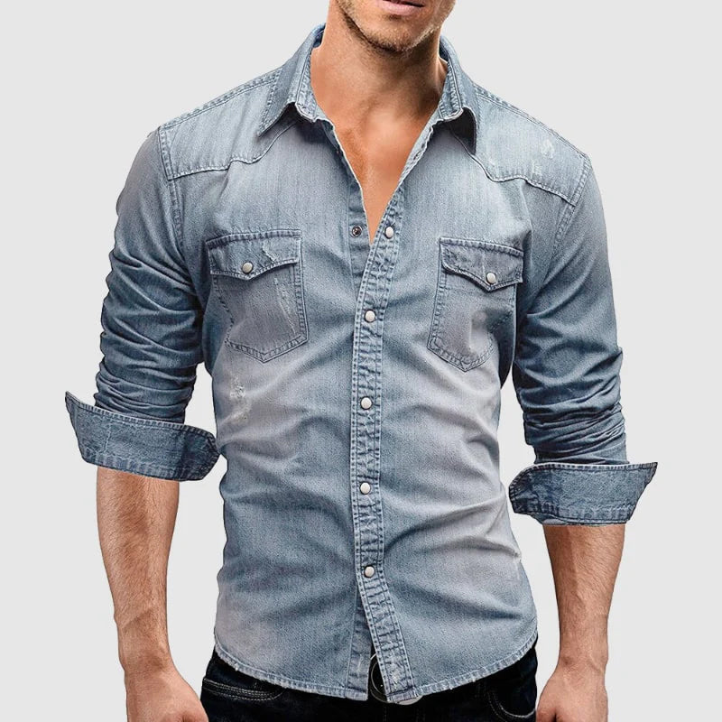 Men’s slim fit denim shirt with chest pockets and fold-down collar